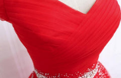 Evening Dress Sleeve, Red Tulle Off Shoulder Long Formal Gown , Red Sweet 16 Dresses