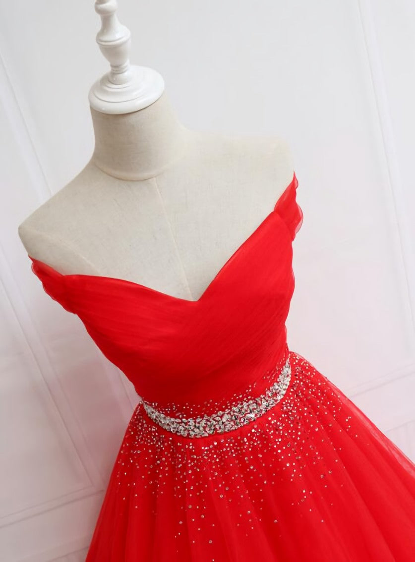 Evening Dress Sleeves, Red Tulle Off Shoulder Long Formal Gown , Red Sweet 16 Dresses