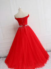 Evening Dress Open Back, Red Tulle Off Shoulder Long Formal Gown , Red Sweet 16 Dresses