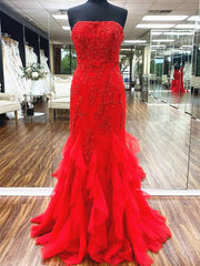Prom Dresses Brown, Red Tulle Ruffle Lace Mermaid Prom Dresses, Red Lace Ruffle Mermaid Long Formal Evening Dresses