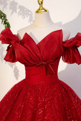 Party Dresses Short, Red Tulle Sequins Long Formal Dress, Off the Shoulder Evening Dress