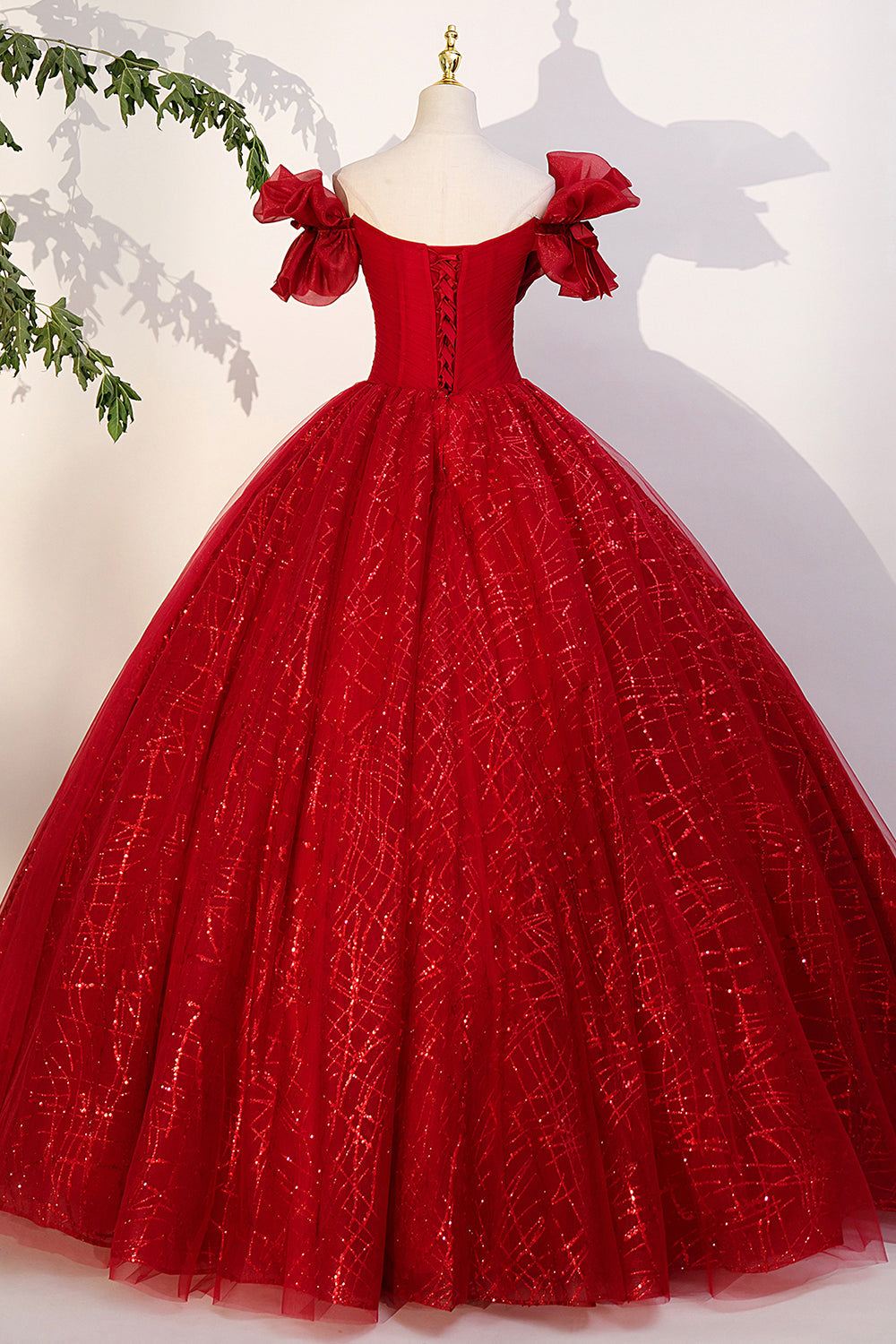 Party Dress Outfit, Red Tulle Sequins Long Formal Dress, Off the Shoulder Evening Dress