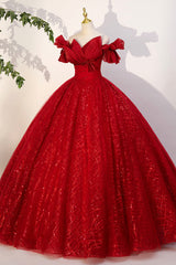 Party Dress Ideas, Red Tulle Sequins Long Formal Dress, Off the Shoulder Evening Dress
