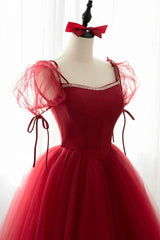 Sundress, Red Tulle Short Sleeve Prom Dress, A-Line Floor Length Evening Graduation Dress