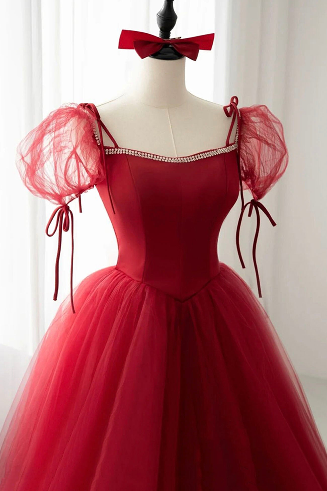 Hoco, Red Tulle Short Sleeve Prom Dress, A-Line Floor Length Evening Graduation Dress