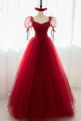 Homecoming Dresses Business Casual Outfits, Red Tulle Short Sleeve Prom Dress, A-Line Floor Length Evening Graduation Dress