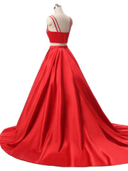 Navy Blue Dress, Red Two Pieces Satin Long Prom Dress, Red Satin Formal Evening Dress