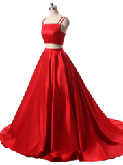 Black Gown, Red Two Pieces Satin Long Prom Dress, Red Satin Formal Evening Dress