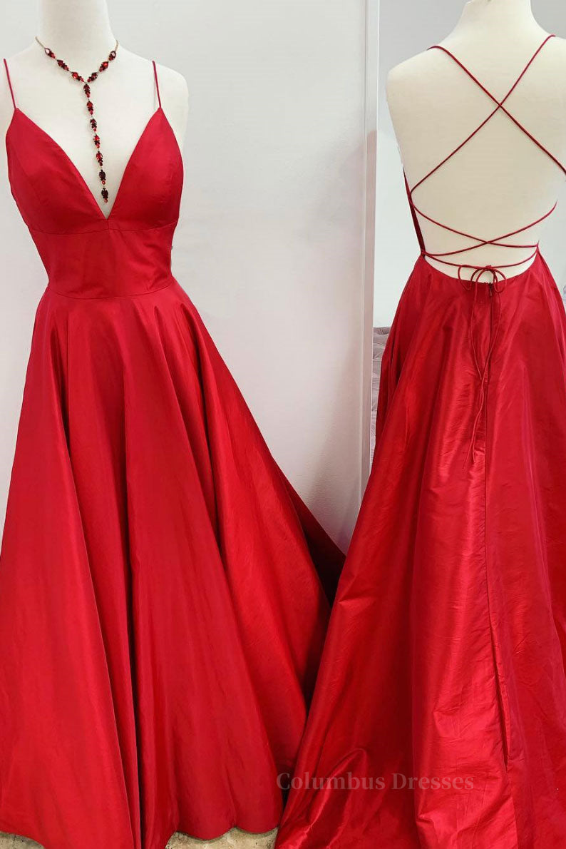 Prom Dresses Off The Shoulder, Red v neck backless satin long prom dress red evening dress