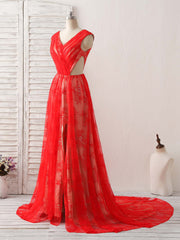 Party Dresses Mini, Red V Neck Lace Long Prom Dress, Lace Evening Dress