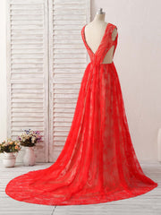 Party Dresses Summer Dresses 2027, Red V Neck Lace Long Prom Dress, Lace Evening Dress
