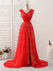 Party Dress Mini, Red V Neck Lace Long Prom Dress, Lace Evening Dress