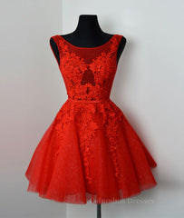 Party Dress In Store, Red v neck lace tulle short prom dress, red homecoming dress