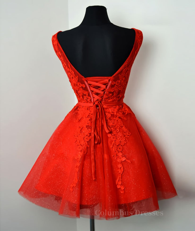 Party Dresses In Store, Red v neck lace tulle short prom dress, red homecoming dress