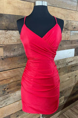 Bridesmaid Dress Champagne, Red V Neck Lace-Up Short Homecoming Dress Cocktail