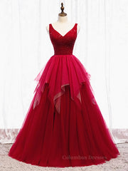 Summer Dress, Red V Neck Long Prom Dresses with Corset Back, Red Floor Length Prom Gown, Evening Dresses