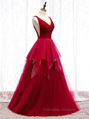 Prom Dress Gold, Red V Neck Long Prom Dresses with Corset Back, Red Floor Length Prom Gown, Evening Dresses