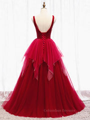 Prom Dresses Two Piece, Red V Neck Long Prom Dresses with Corset Back, Red Floor Length Prom Gown, Evening Dresses