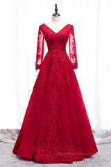 Evening Dresses Simple, Red V Neck Long Sleeves Beaded Appliques Long Formal Dress