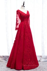 Evening Dress Simple, Red V Neck Long Sleeves Beaded Appliques Long Formal Dress