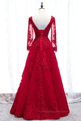 Evening Dresses Princess, Red V Neck Long Sleeves Beaded Appliques Long Formal Dress