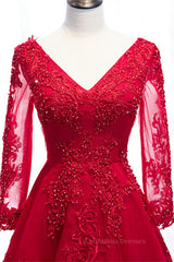 Evening Dresses Classy, Red V Neck Long Sleeves Beaded Appliques Long Formal Dress