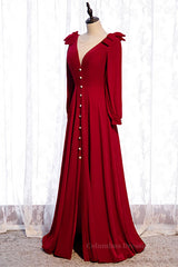 Homecoming Dresses Classy Elegant, Red V Neck Long Sleeves Lace-Up Back Maxi Formal Dress with Bows