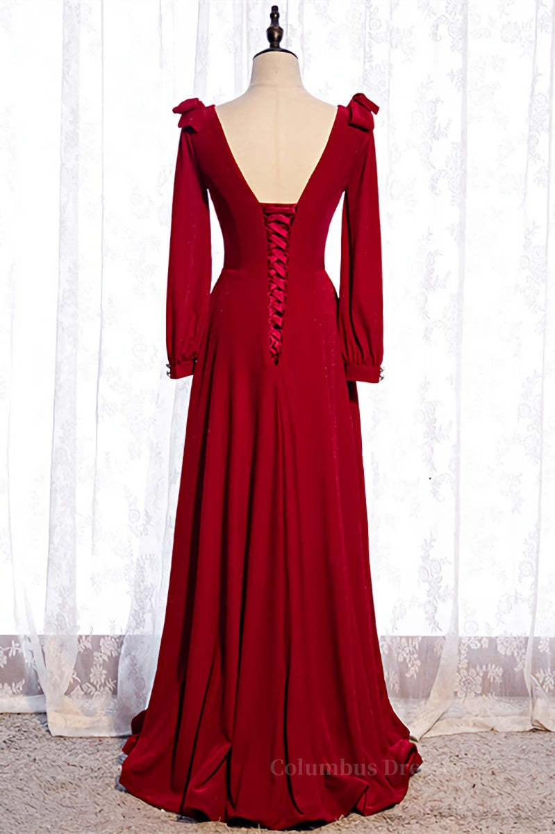 Homecoming Dress Classy Elegant, Red V Neck Long Sleeves Lace-Up Back Maxi Formal Dress with Bows