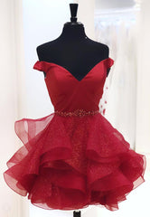Prom Dresses For Curvy Figure, Red V-Neck Off the Shoulder Short Prom Dresses