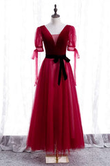 Formal Dresses For Fall Wedding, Red V Neck Puff Sleeves Bow Tie A-line Ankle Length Formal Dress with Sash