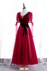 Formal Dress For Girls, Red V Neck Puff Sleeves Bow Tie A-line Ankle Length Formal Dress with Sash