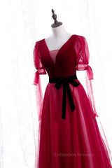 Formal Dresses For Girls, Red V Neck Puff Sleeves Bow Tie A-line Ankle Length Formal Dress with Sash