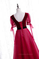 Formal Dresses With Sleeves For Weddings, Red V Neck Puff Sleeves Bow Tie A-line Ankle Length Formal Dress with Sash