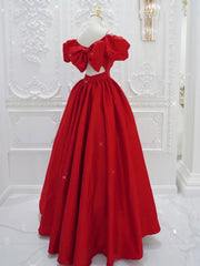 Party Dresses For Teens, Red V Neck Satin Long Prom Dress, Red Formal Evening Dresses