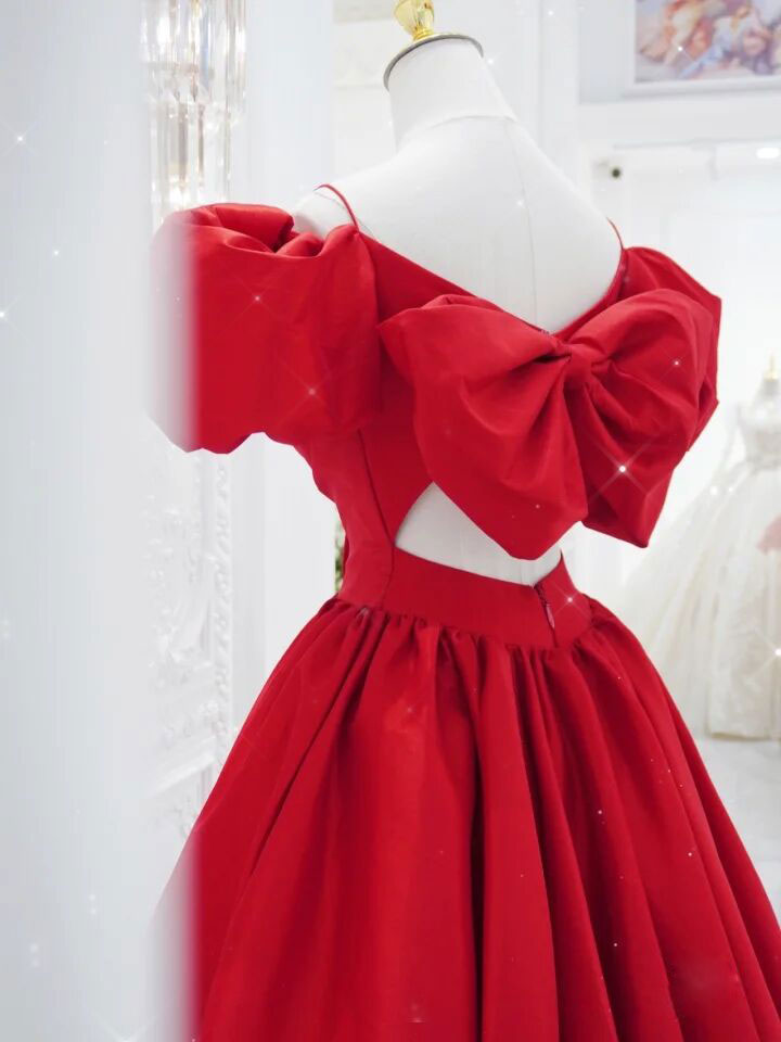 Party Dress Ideas, Red V Neck Satin Long Prom Dress, Red Formal Evening Dresses