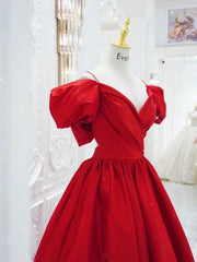 Party Dresses Short, Red V Neck Satin Long Prom Dress, Red Formal Evening Dresses