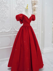 Party Dresses Online, Red V Neck Satin Long Prom Dress, Red Formal Evening Dresses