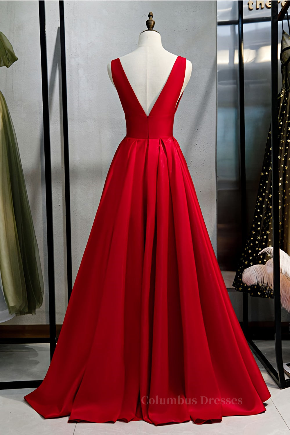 Prom Dress 2057, Red v neck satin long prom dress simple red evening dress