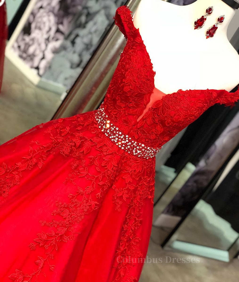 Casual Dress, Red v neck tulle lace long prom dress, red tulle evening dress