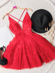 Prom Dresses Colorful, Red v neck tulle lace short prom dress,Mini homecoming dress cocktail dress
