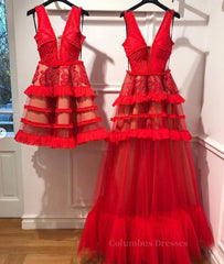 Party Dress Long Sleeve Maxi, Red v neck tulle long prom dress, red tulle evening dress