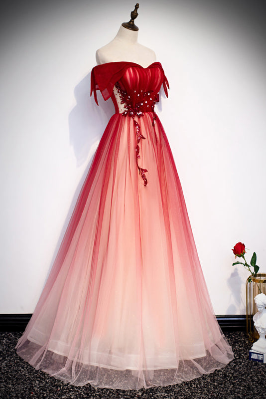 Formal Dress For Beach Wedding, Red Off the Shoulder Long Tulle Prom Dress with Beading, Party Gown with Sequins