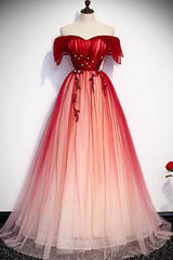 Formal Dresses, Red Off the Shoulder Long Tulle Prom Dress with Beading, Party Gown with Sequins
