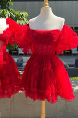 Evening Dress Long Sleeve, Red Tulle Puff Sleeves Ruffles Tulle Homecoming Dress