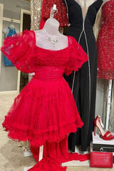 Evening Dresses Long Sleeve, Red Tulle Puff Sleeves Ruffles Tulle Homecoming Dress