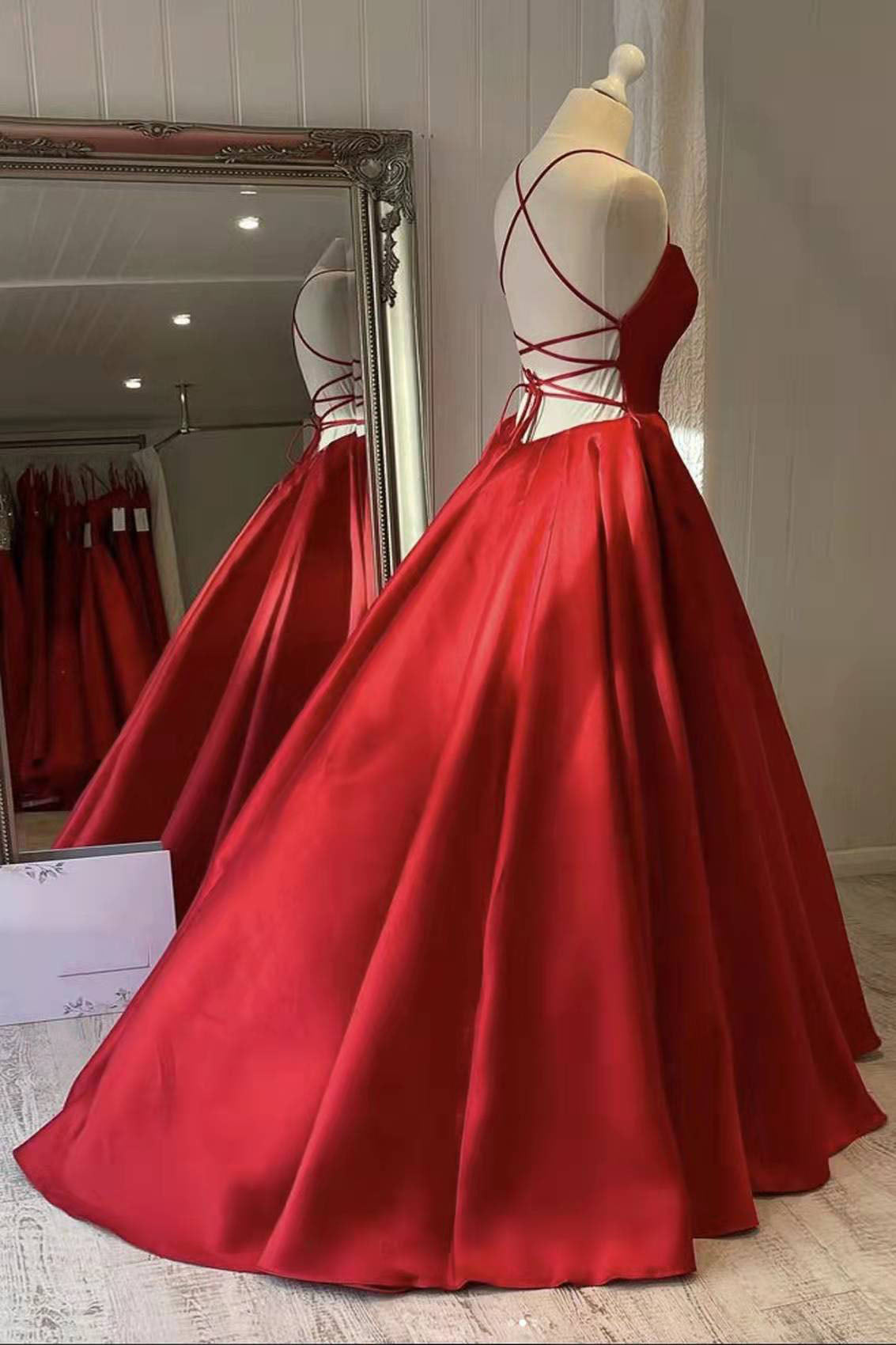 Formal Dresses For 24 Year Olds, Red Satin Spaghetti Straps Long Prom Dress, Puffy Princess Formal Gown