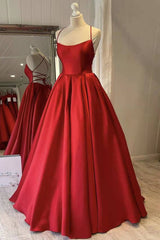 Formal Dress Off The Shoulder, Red Satin Spaghetti Straps Long Prom Dress, Puffy Princess Formal Gown
