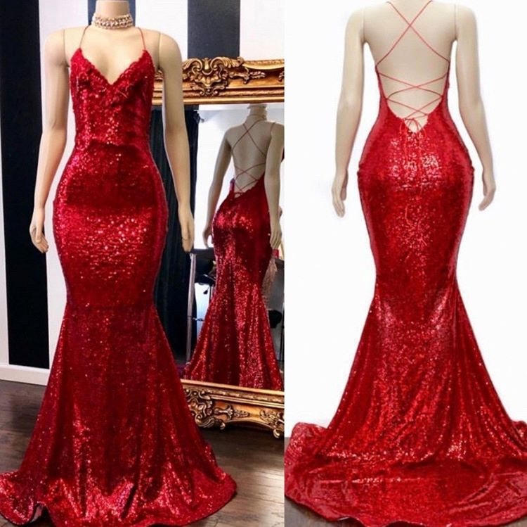 Formal Dresses For Girls, Long Sequin Red Prom Dresses Mermaid Sleeveless Evening Gown