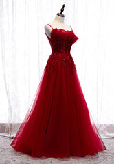 Prom 2038, Burgundy Lace Long Prom Dresses, A-Line Spaghetti Strap Evening Dresses