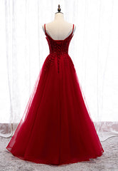 Party Dress Midi With Sleeves, Burgundy Lace Long Prom Dresses, A-Line Spaghetti Strap Evening Dresses